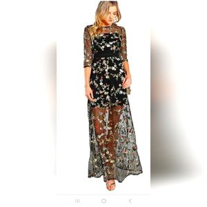Women's A Line Floral Embroidery Mesh Sheer Evening Cocktail Dress Black